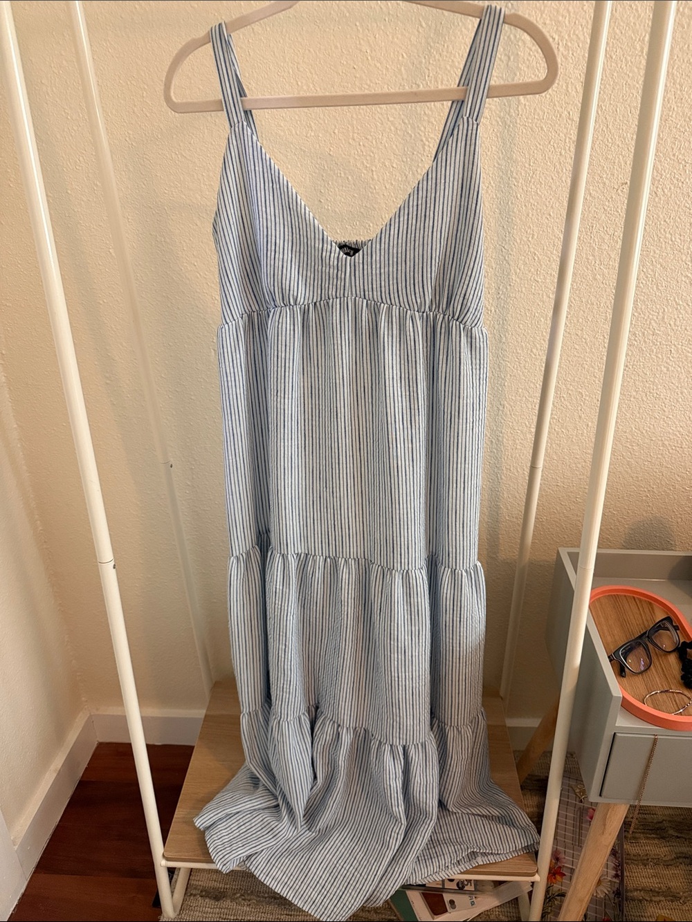 Steve Madden Light Blue and White Striped Maxi Dress with adjustable straps